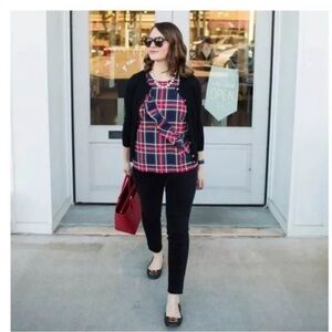 J. Crew sleeveless tartan plaid top with diagonal ruffle Red Blue Plaid